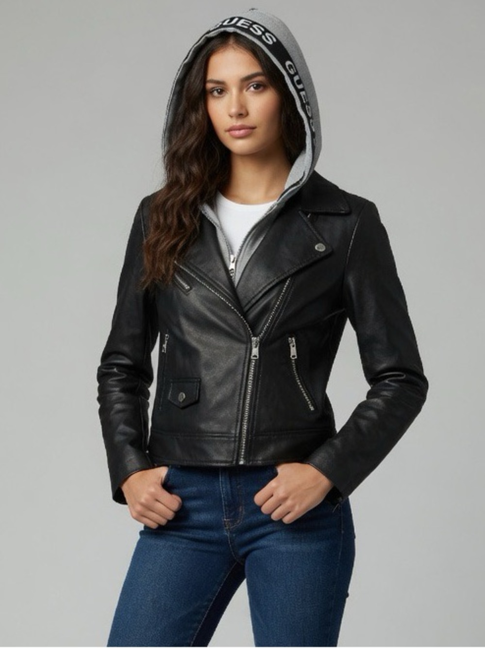 Guess Moto Jacket Ladies Vegan Faux Leather NWT Zip-out Hood Sz Medium